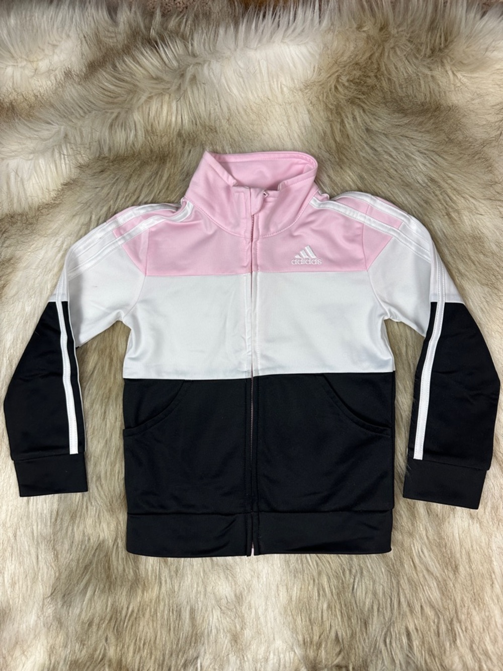 Adidas Girls Track Jacket Size 5 Pink White Black Zip Up Athletic Jacket